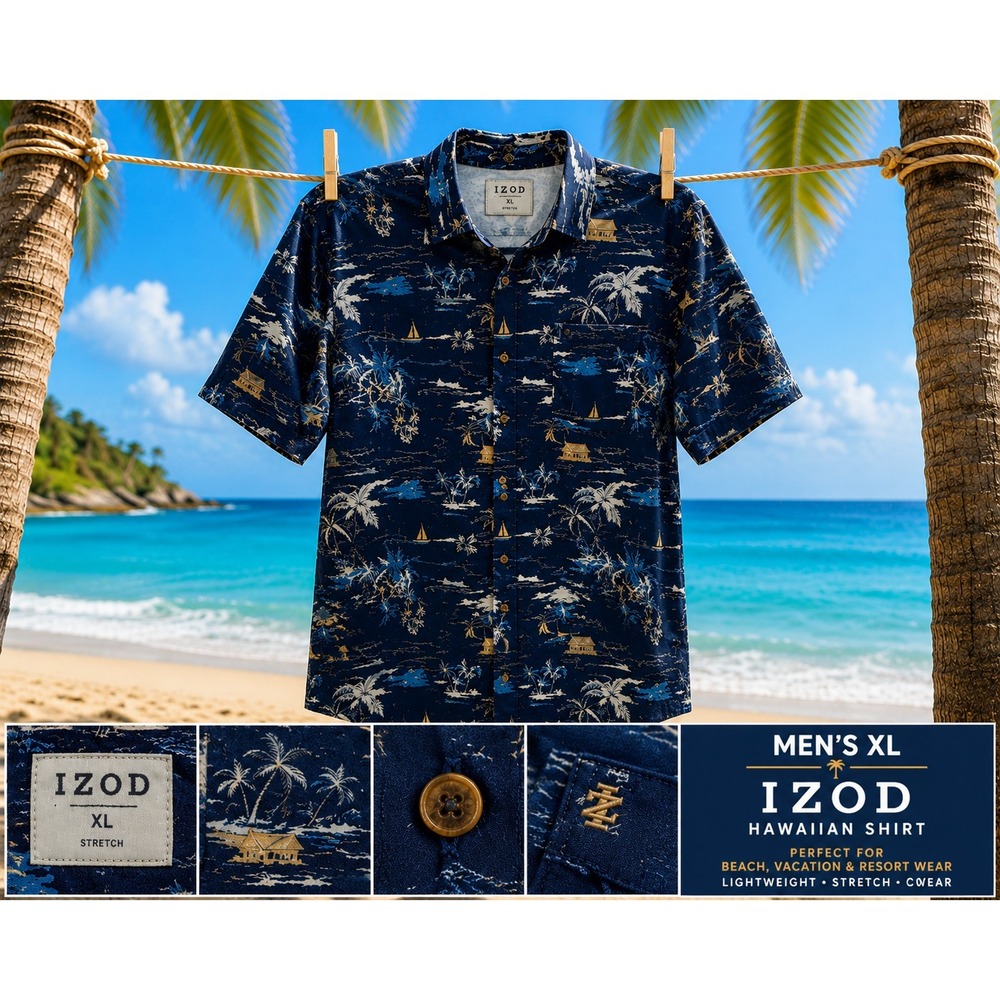 IZOD Hawaiian Shirt Men XL Blue Tropical Beach Print Short Sleeve Button Up